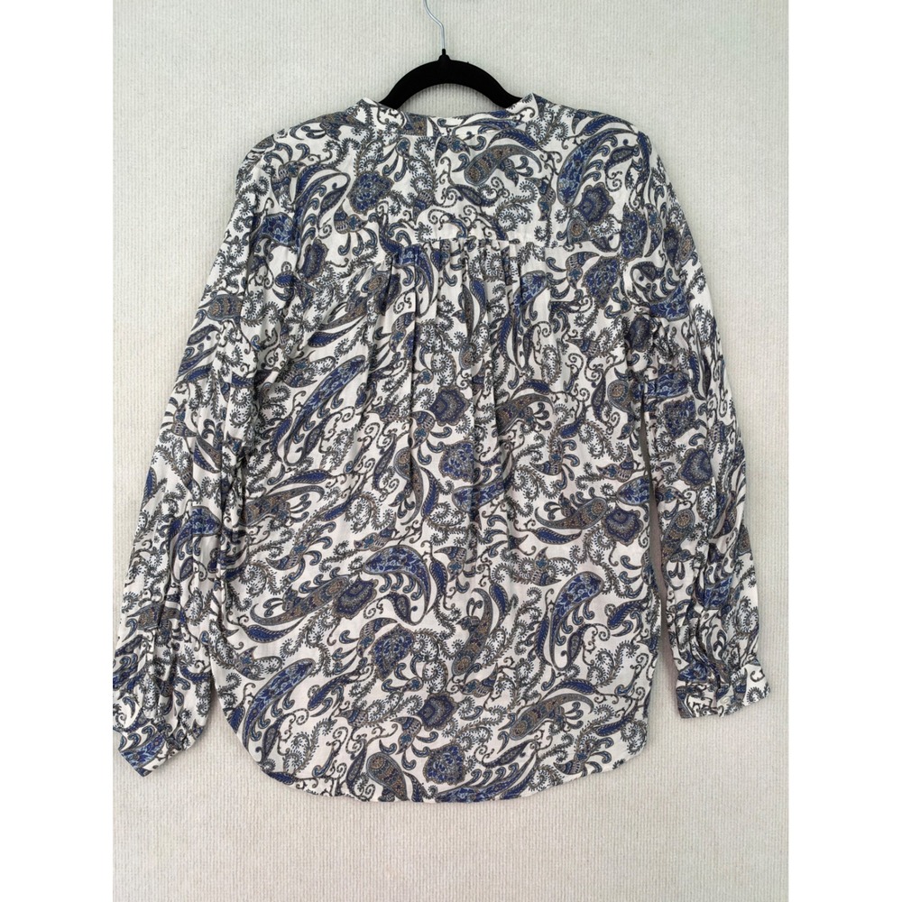 H&M Women's Size 4 Paisley Blouse Blue Ivory Long Sleeve Button Front Boho